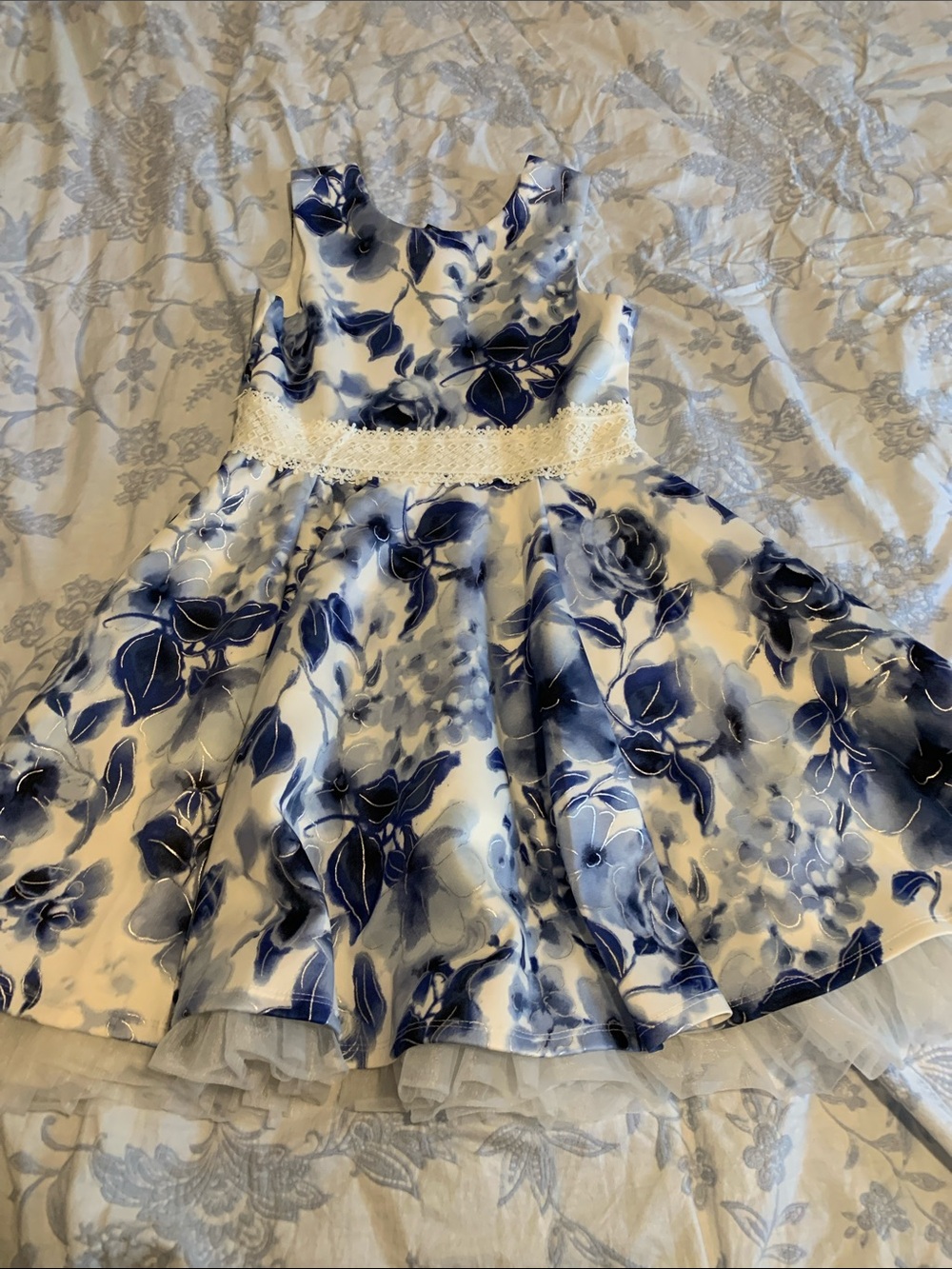 Blue & White Floral Lace-Trim Girls' Formal Dress
